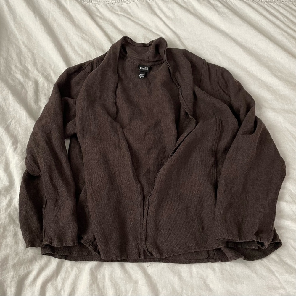 Eileen Fisher XL Cardigan Sweater Dark Brown Linen Blend Long Sleeve Open